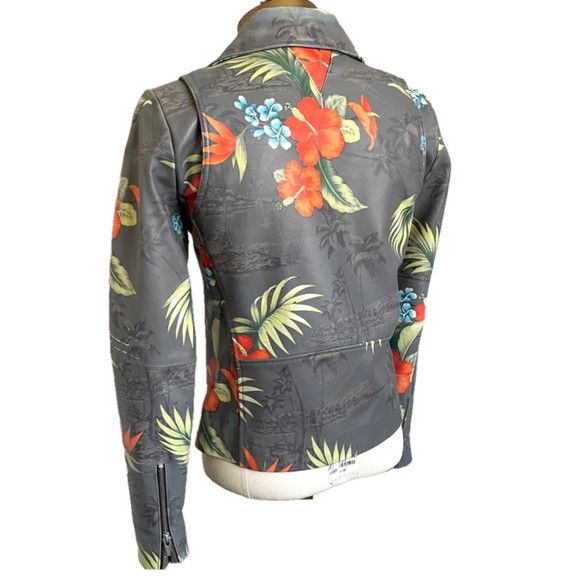 VEDA Veda Gray Tropical Print Leather Biker Jacket - Small Size S / US 4 / IT 40 - 9 Thumbnail