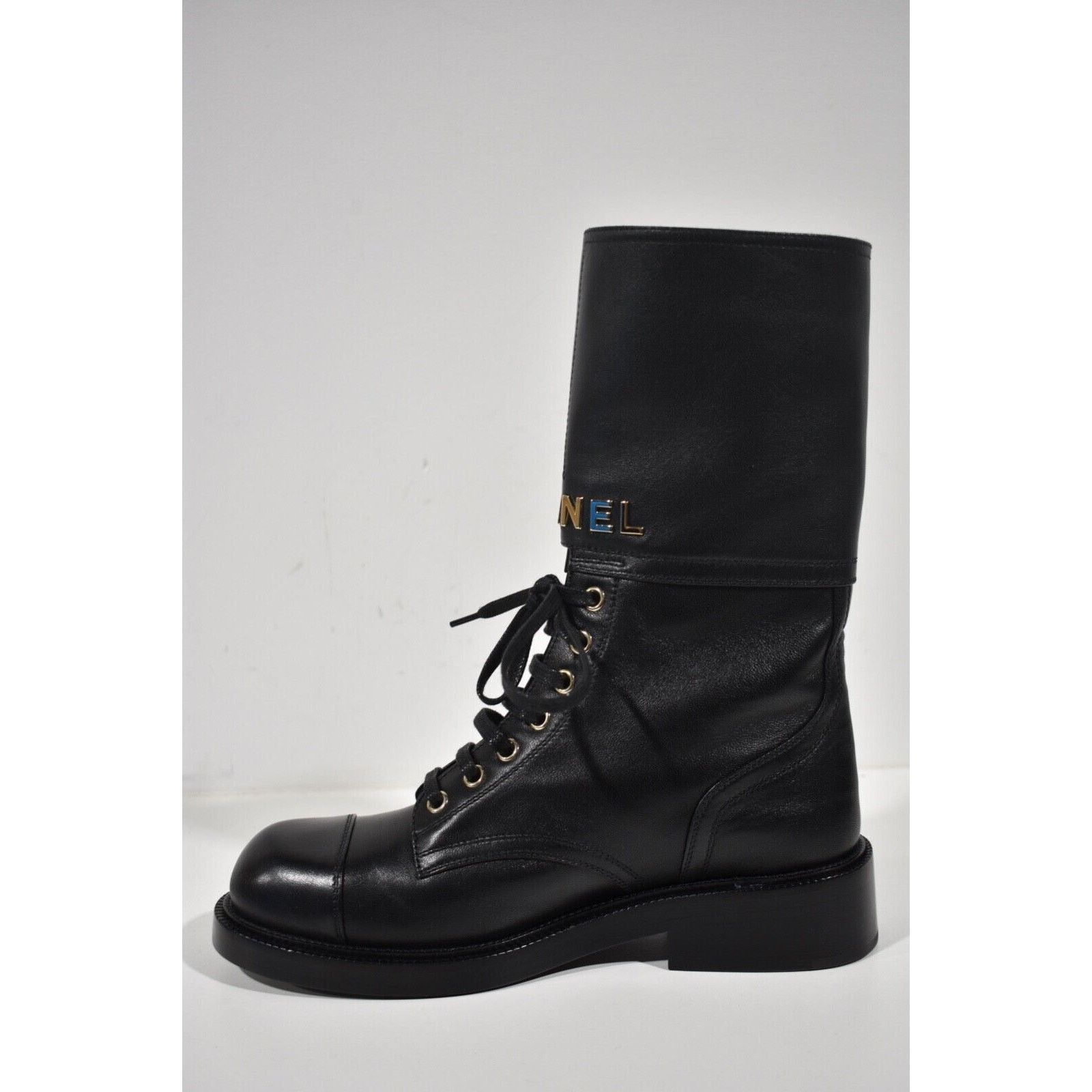 Chanel 22A Logo CC Combat Lace Up Tie Military Tall Boots 37.5 Size US 7.5 / IT 37.5 - 6 Thumbnail