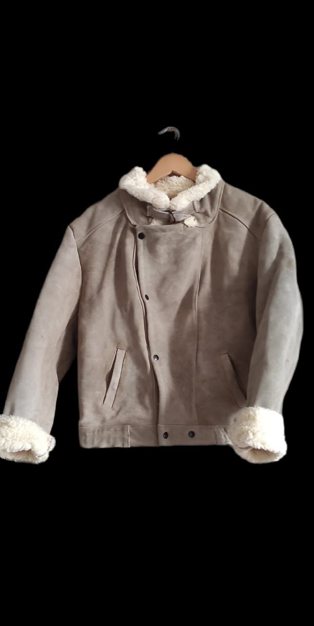 image of Leather Jacket x Vintage Fashion Point Beige Suede Flight Bomber Aviator Jacket in Beige/Khaki Ligh