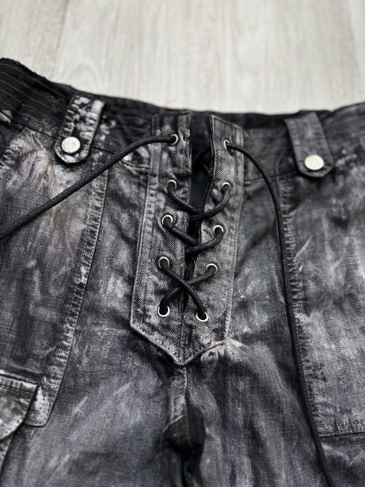 Japanese Brand VERTGARMENTS silver wax lace up flare jeans Size US 26 / EU 42 - 4 Thumbnail