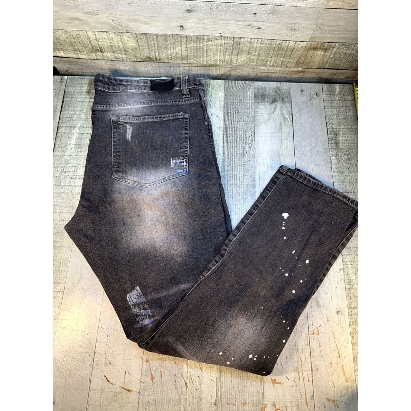 Vintage Focus Jeans Men Straight Distressed Black Blue White Paint 38x32 30in Inseam Mens Regular Fit Size US 34 / EU 50 - 7 Thumbnail