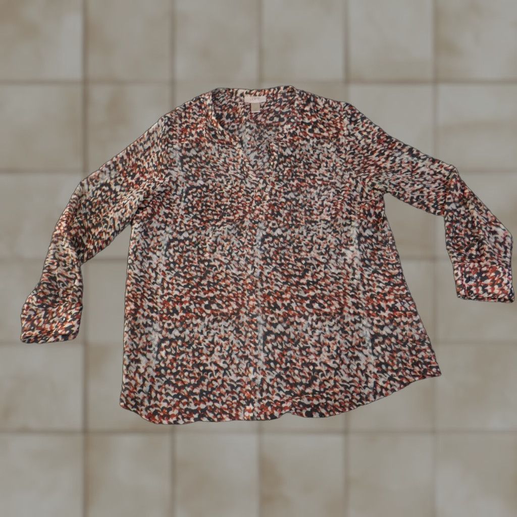 Ann Taylor Ann Taylor Loft Blouse Shirt Womens Petite Large Multicolor V-Neck Lightweight Geometric Pattern Long Sleeve Pullover Casual Button Polyester Rayon Size L / US 10 / IT 46 - 1 Thumbnail