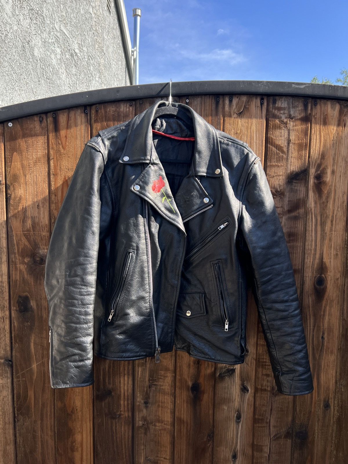 image of American Vintage Black Leather Jacket With Rose On Jacket, Men's (Size Small)