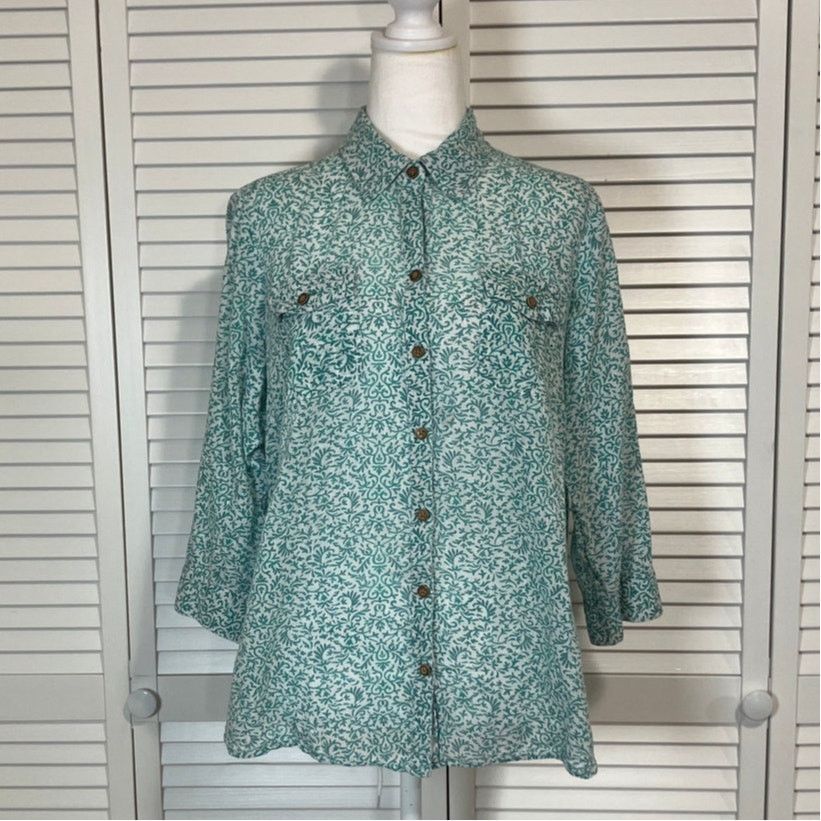 Croft & Barrow Croft & Barrow Green Floral Collared ¾ Sleeve Women Blouse L Size L / US 10 / IT 46 - 1 Thumbnail