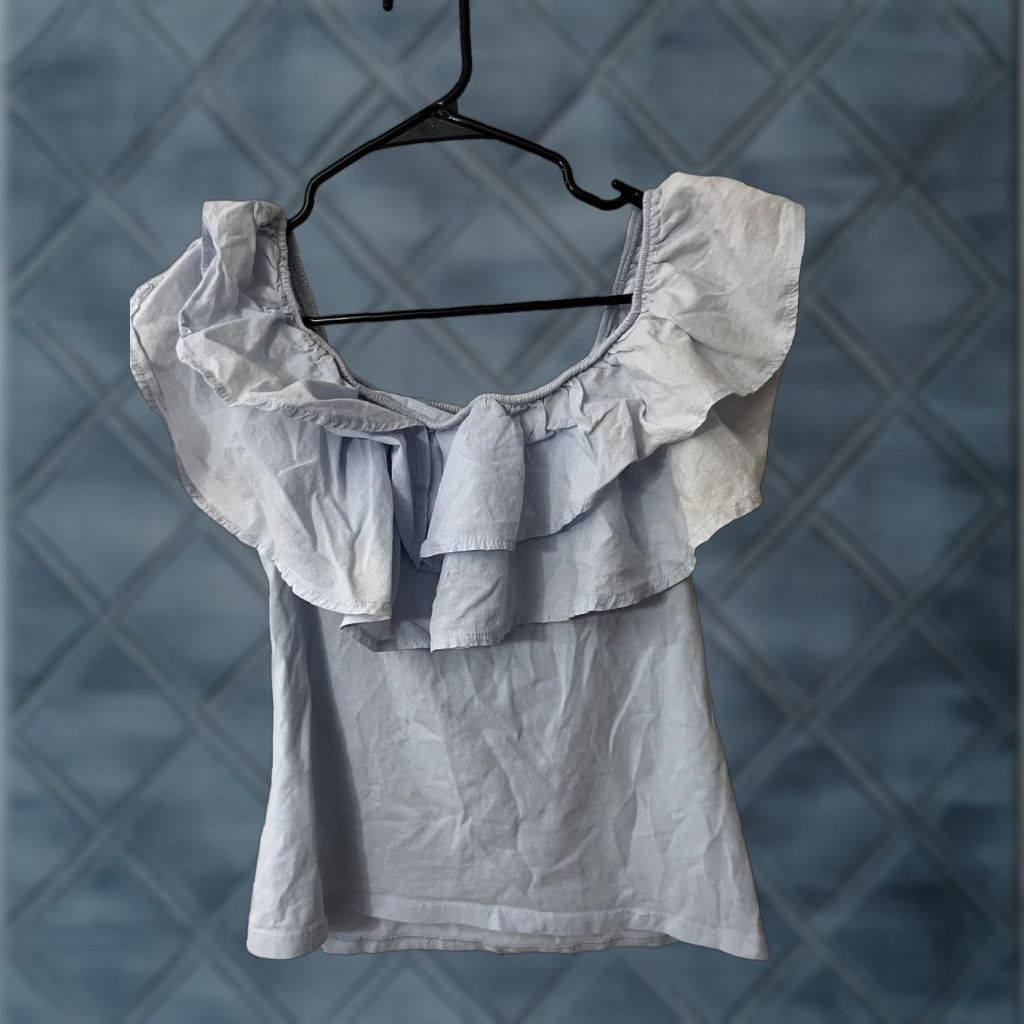 H&M H&M Blouse Shirt Short Sleeve Ruffle Blue Women Large 100% Cotton Wide Shoulder Women's Blouse Top Size L / US 10 / IT 46 - 1 Thumbnail