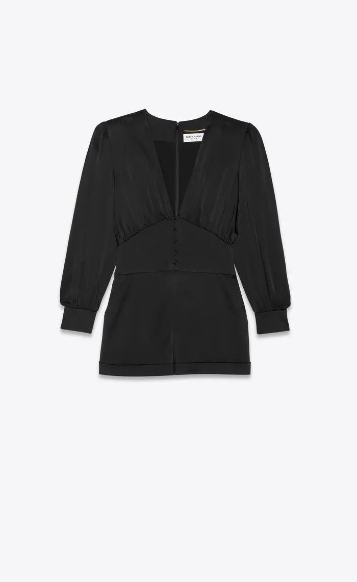 Saint Laurent Paris oc11z1125 686994 Long-Sleeve Playsuit in Satin in Black Size 25" / US 0 / IT 36 - 1 Thumbnail
