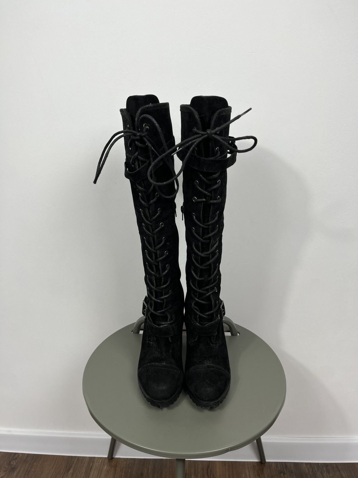 Other Black Suede Knee High Lace Up Platform Heeled Boots US 9 Size US 9 / IT 39 - 4 Thumbnail