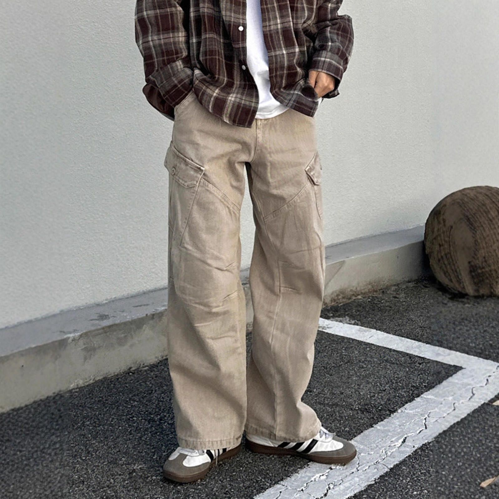 Vintage Beige Wide Leg Cargo Pants, Relaxed Fit Utility Pants Size US 32 / EU 48 - 1 Thumbnail
