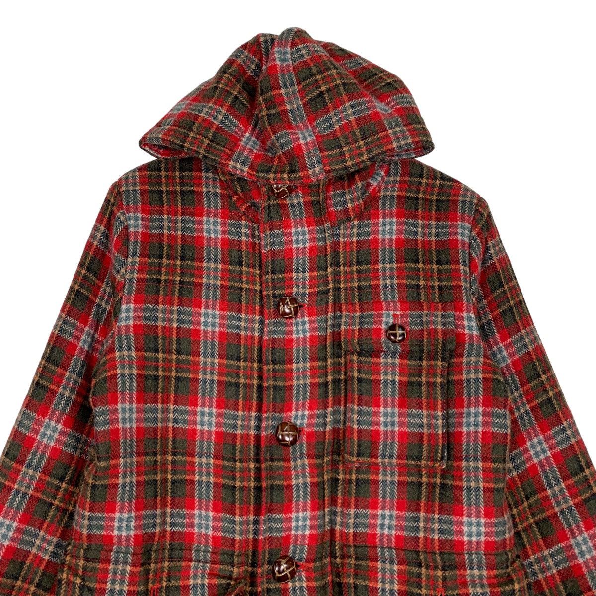 Japanese Brand 291295 HOMME Red Tartan Wool Hooded Coat Jacket #1052-C47 Size US M / EU 48-50 / 2 - 2 Thumbnail