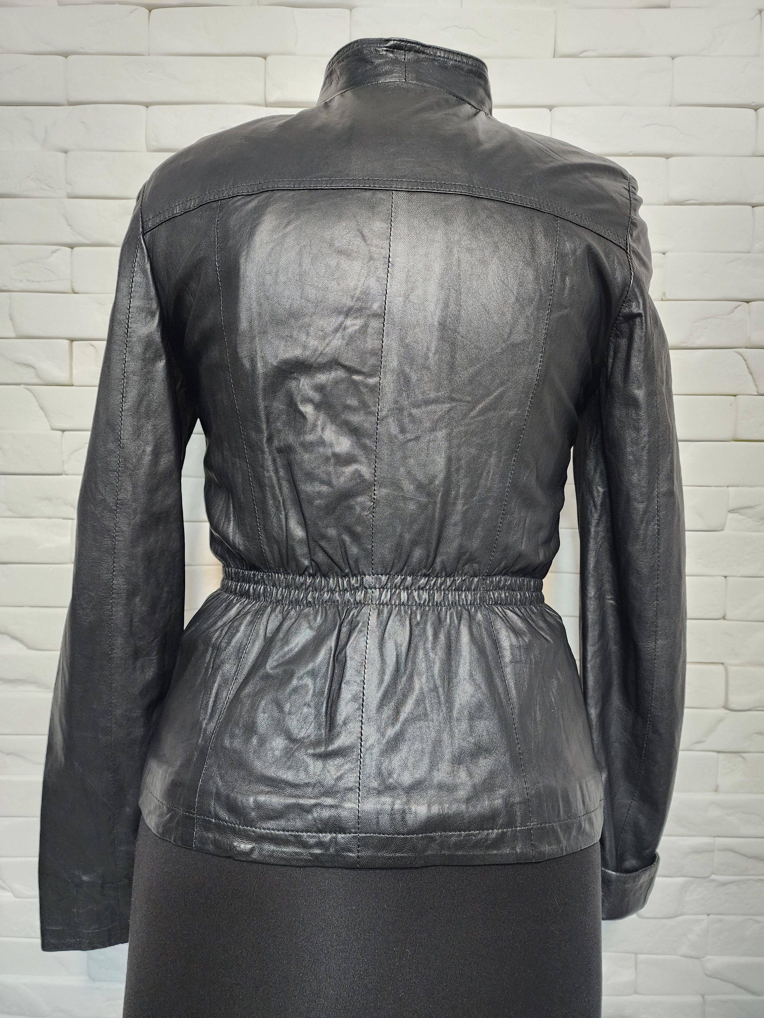 Genuine Leather Quilted Black Leather Jacket: Collarless Zip-Up Size M / US 6-8 / IT 42-44 - 5 Thumbnail
