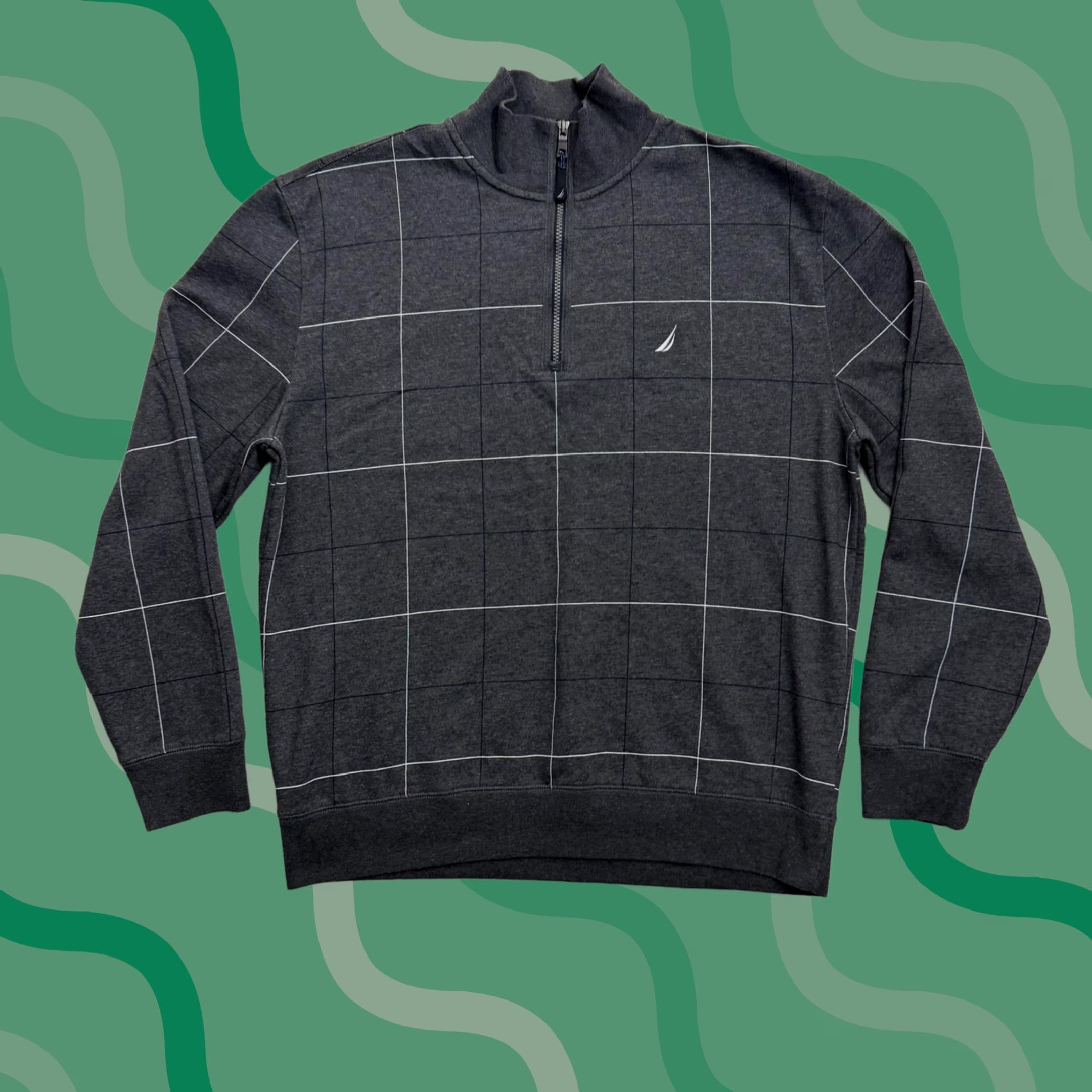 Nautica Nautica Sweatshirt Quarter Zip Mens XL Gray Check Fleece Pullover Logo 1/4 Zip Mock Neck Long Sleeve Winter Regular Size XL Mens Size US XL / EU 56 / 4 - 1 Thumbnail