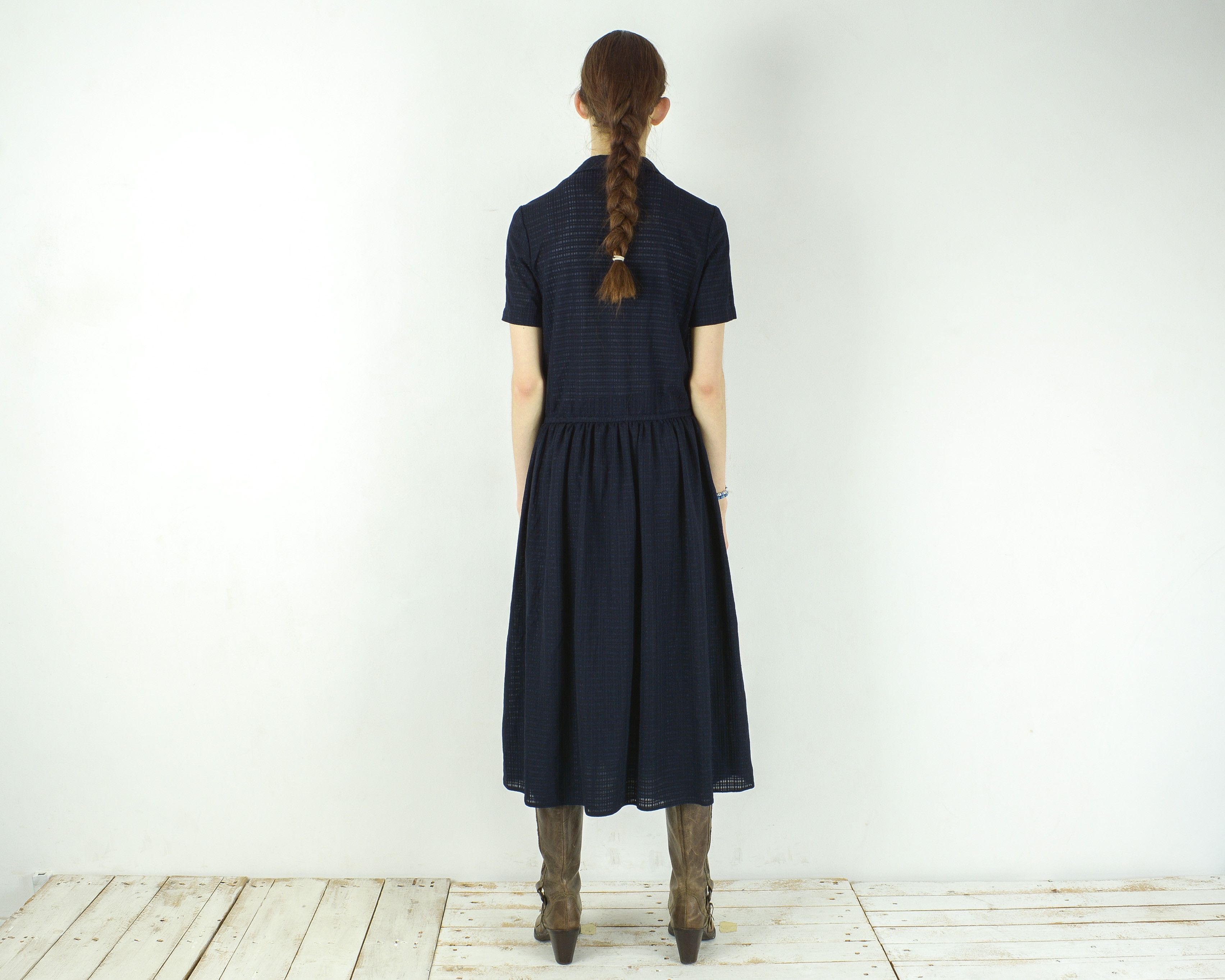 Other × Vintage WIBOR Dress Elastic Waist Midi Lined Collared Short Sleeve Size M / US 6-8 / IT 42-44 - 3 Thumbnail
