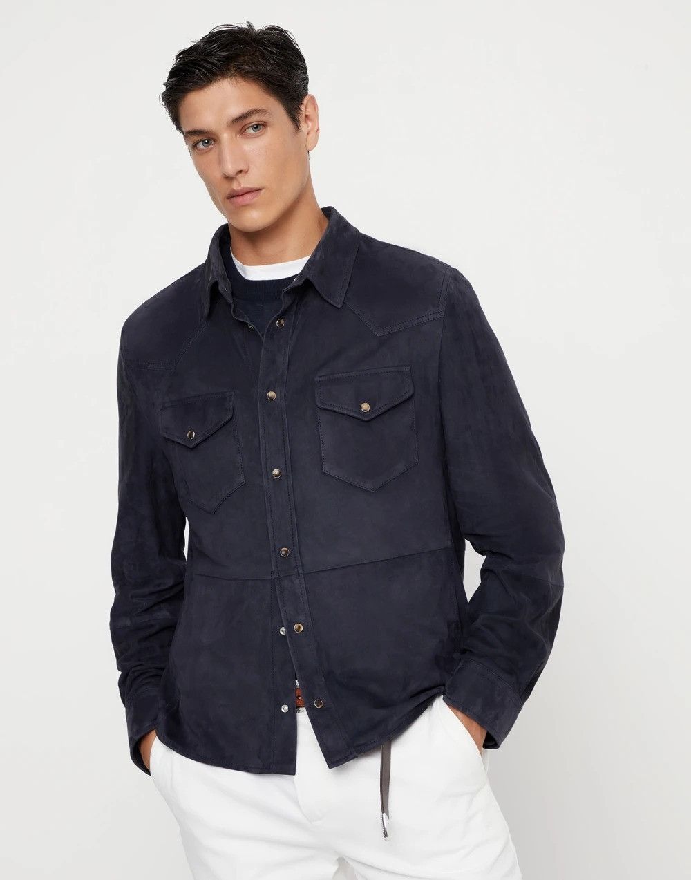 Brunello Cucinelli Leather Shirt in Dark Blue Size US L / EU 52-54 / 3 - 1 Thumbnail