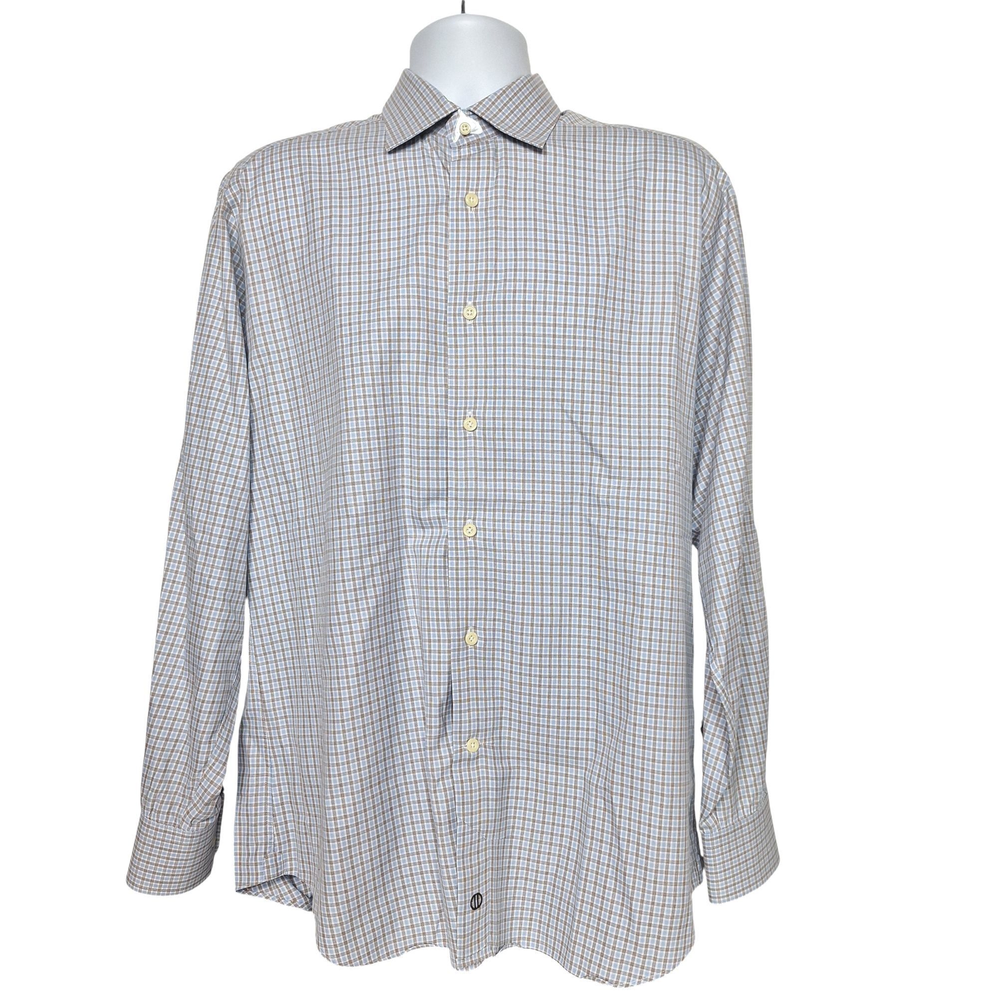 David Donahue David Donahue Dress Shirt 16 34/35 Mens Blue Brown Plaid Cot Size US L / EU 52-54 / 3 - 2 Thumbnail