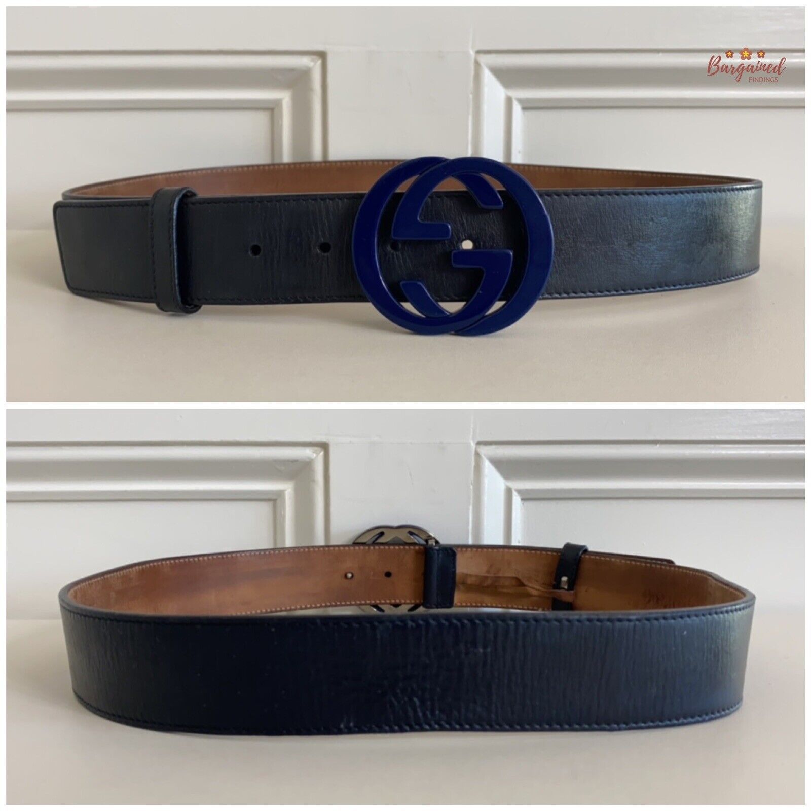 Gucci GUCCI Black Calfskin Leather Blue Interlocking G Buckle Belt Size 32 - 7 Thumbnail