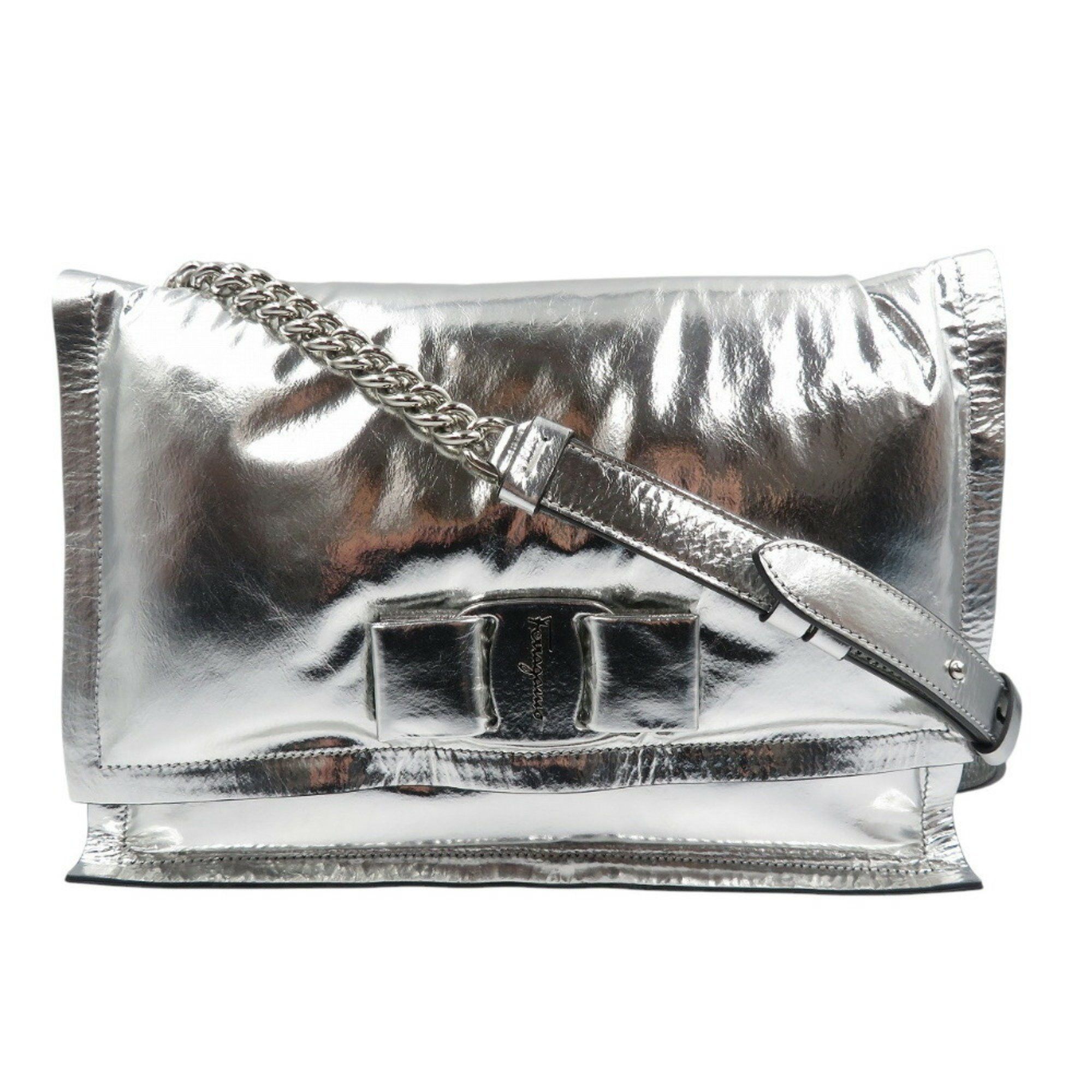 Unused Salvatore Ferragamo Gg-211287 Vara Ribbon Leather Silver Shoulder Bag 0377Salvatore, Women's