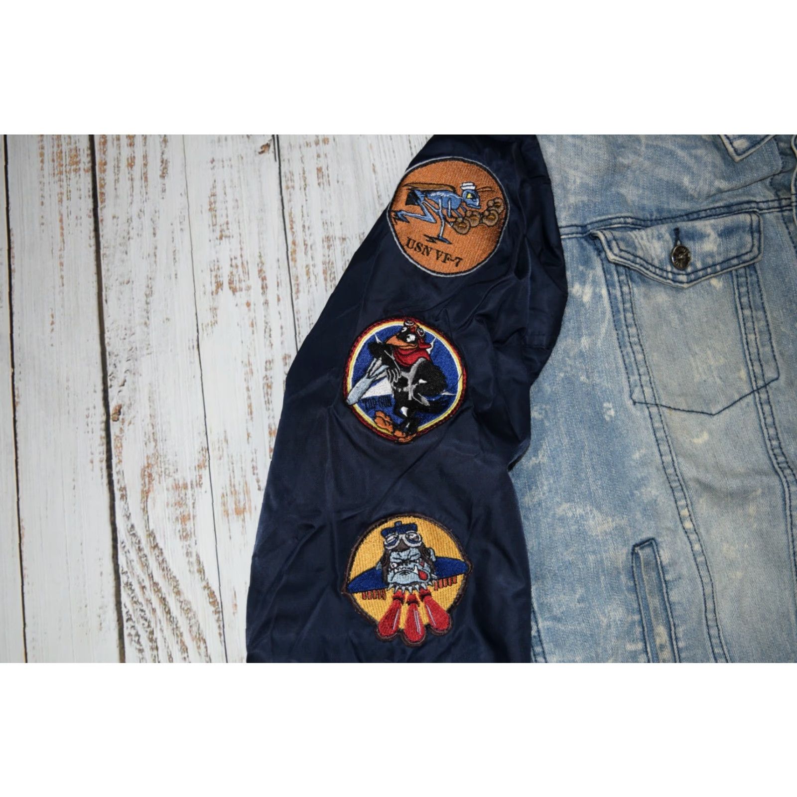 Denime TOP GUN DENIM NYLON JACKET MEN L denim patch Embroidered Logo Bomber Navy USA Vintage: No (but avoid N/A) Size US L / EU 52-54 / 3 - 6 Thumbnail