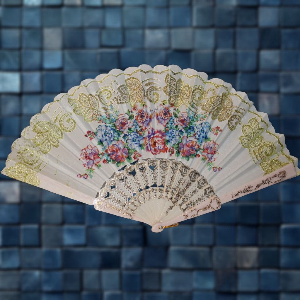 Vintage SMALL HAND FAN WITH FLOWERS - 16 INCHES WHITE - UNBRANDED - WOMENS Size ONE SIZE - 1 Thumbnail