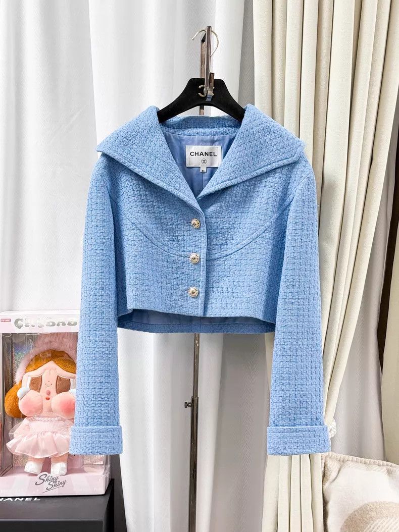 Chanel Chanel Tweed navy collar long-sleeved short jacket Size XXS / US 00 / IT 34 - 1 Thumbnail