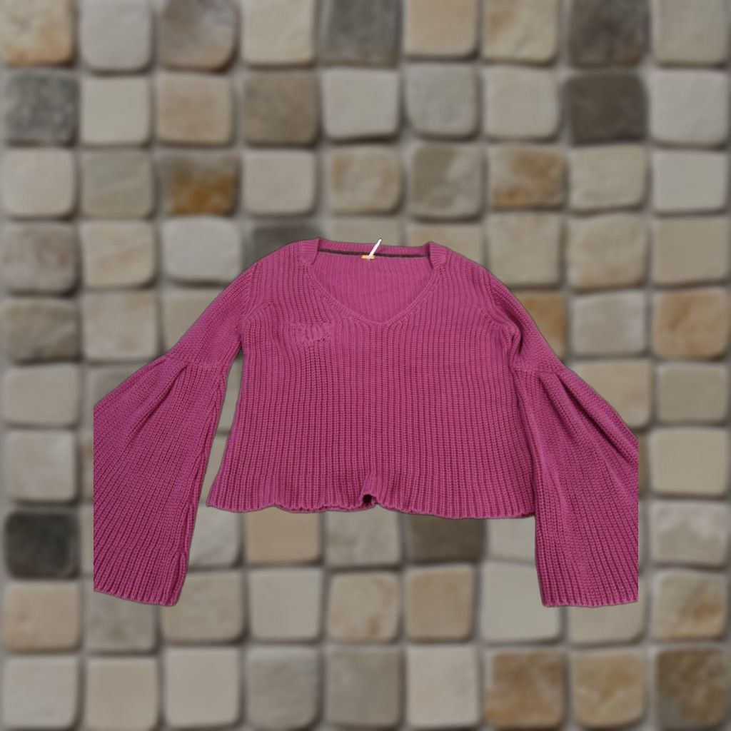 Free People Free People Sweater Womens Pink Cable-Knit V-Neck Long Sleeve S Pullover Flared Sleeve Size S / US 4 / IT 40 - 1 Thumbnail