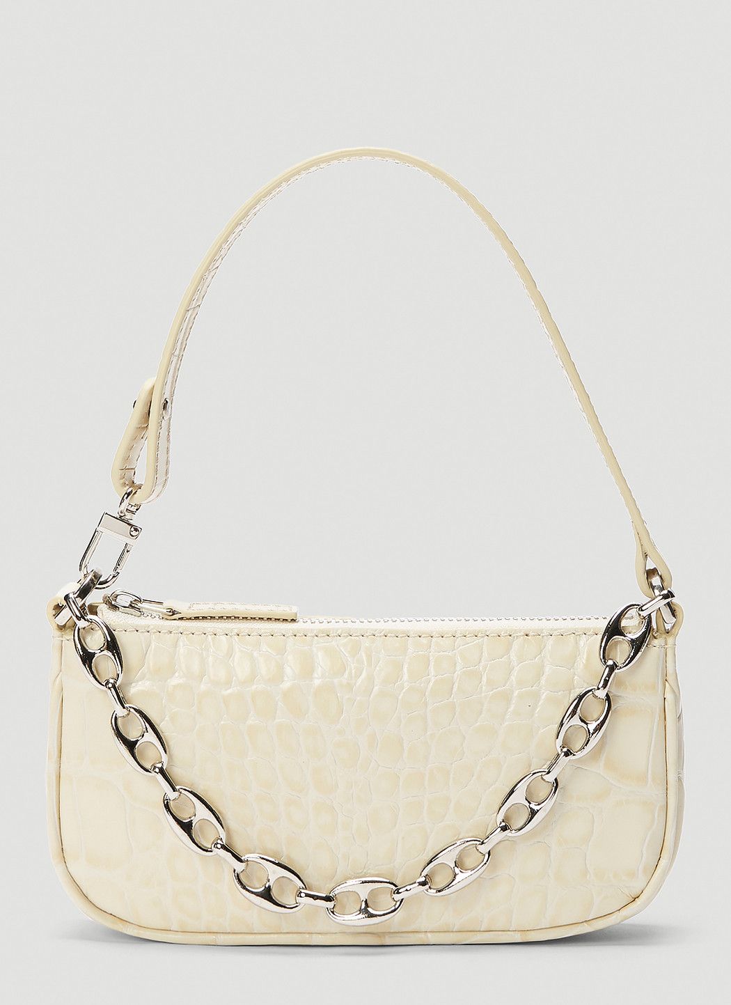 By Far Mini Rachel Crocodile Embossed Shoulder Bag in White, Women's