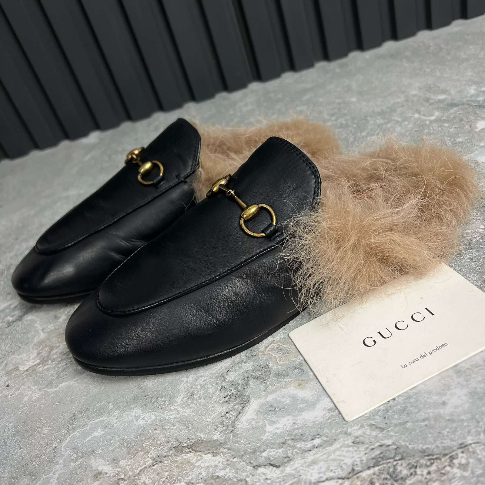 image of Gucci Rrp $1090 Horsebit Princetown Fur Mule Shoess Leather 37 Eur Shoes in Black, Women's