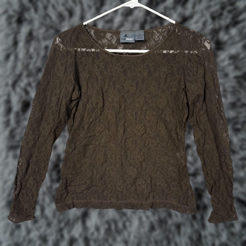 Liz Claiborne Liz Claiborne Lizwear Blouse Women Small S Lace Top Sheer Floral Dark Romantic Whimsigoth Knit Lightweight Scoop Neck Long Sleeve Vintage No Size S / US 4 / IT 40 - 1 Thumbnail