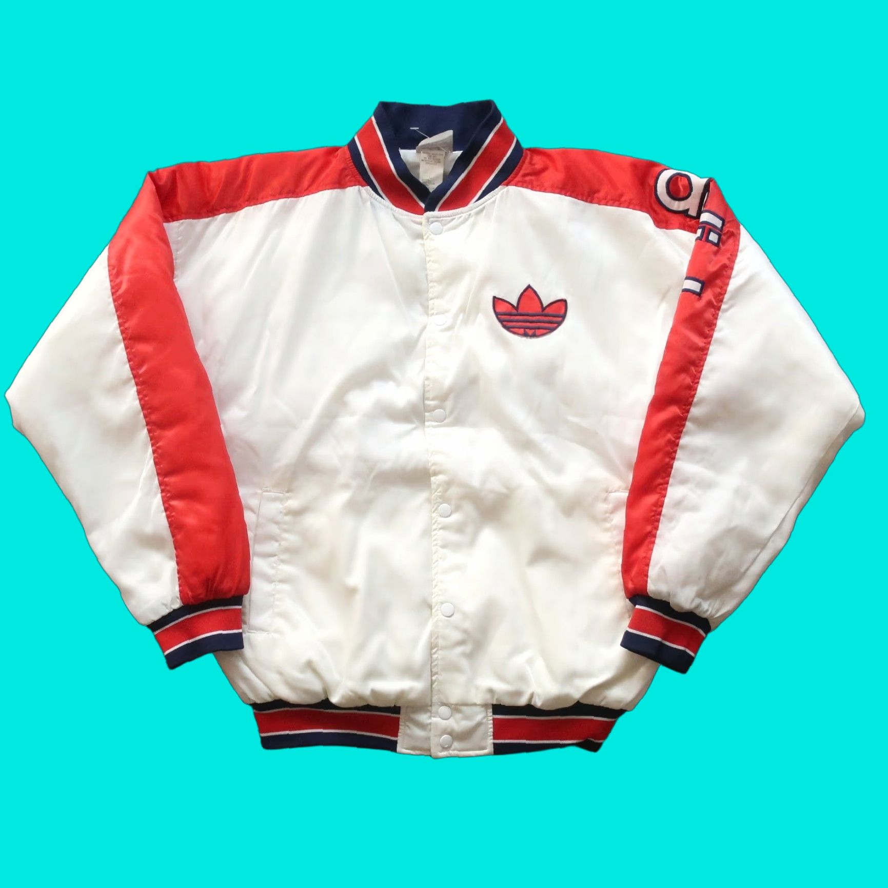 Adidas Vintage Adidas Big Logo Satin Jacket Men Large White Red 80s Varsity Brand Logo 80s Size US L / EU 52-54 / 3 - 1 Thumbnail