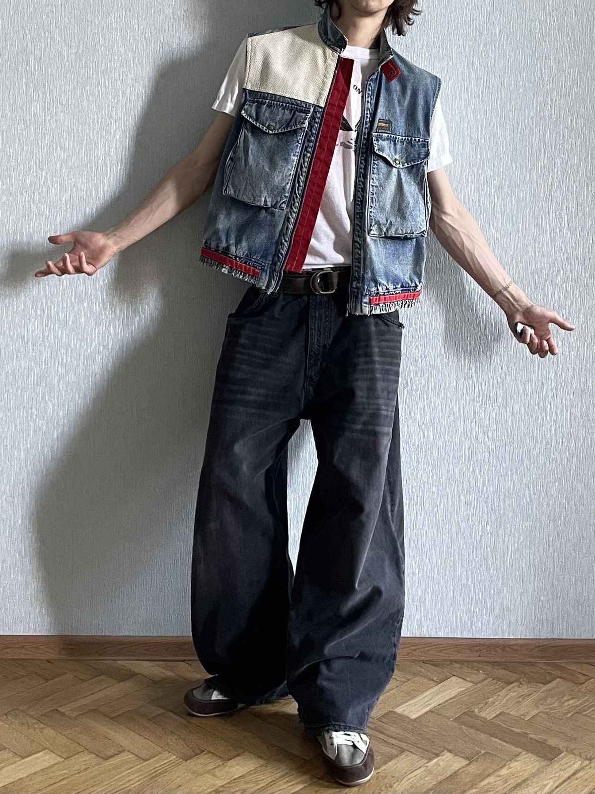 Vintage 1970s Leather Vest On Riri Zipper, Stonewashed Denim- Wescot Size US L / EU 52-54 / 3 - 21 Thumbnail