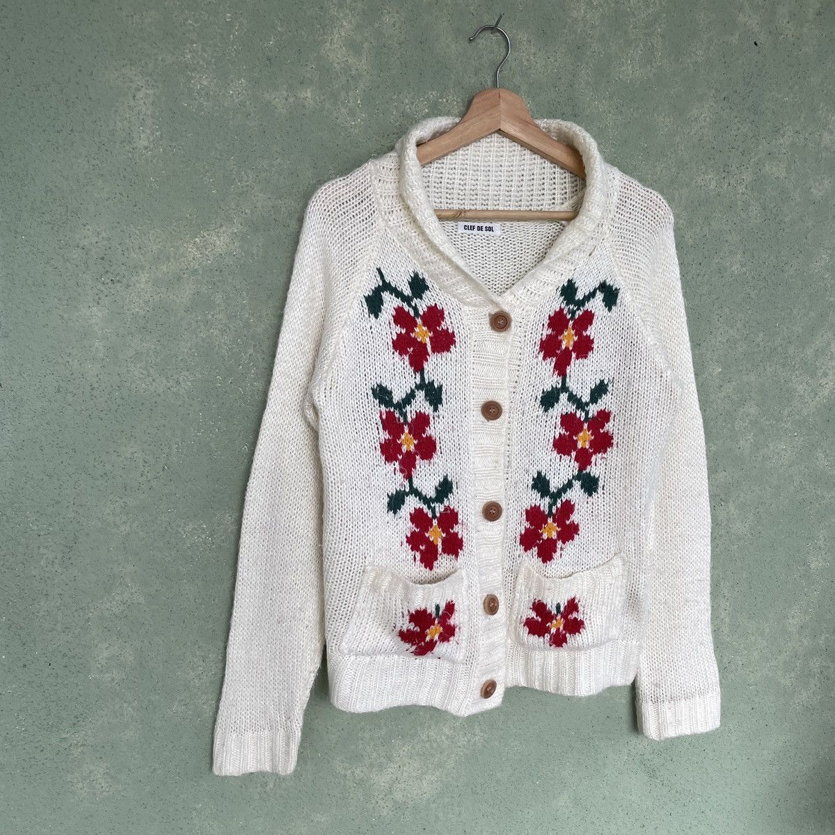 Aran Isles Knitwear × Homespun Knitwear × Japanese Brand Vintage Clef De Sol Hibiscus Flowers Cardigan Knitwear Size US M / EU 48-50 / 2 - 2 Thumbnail