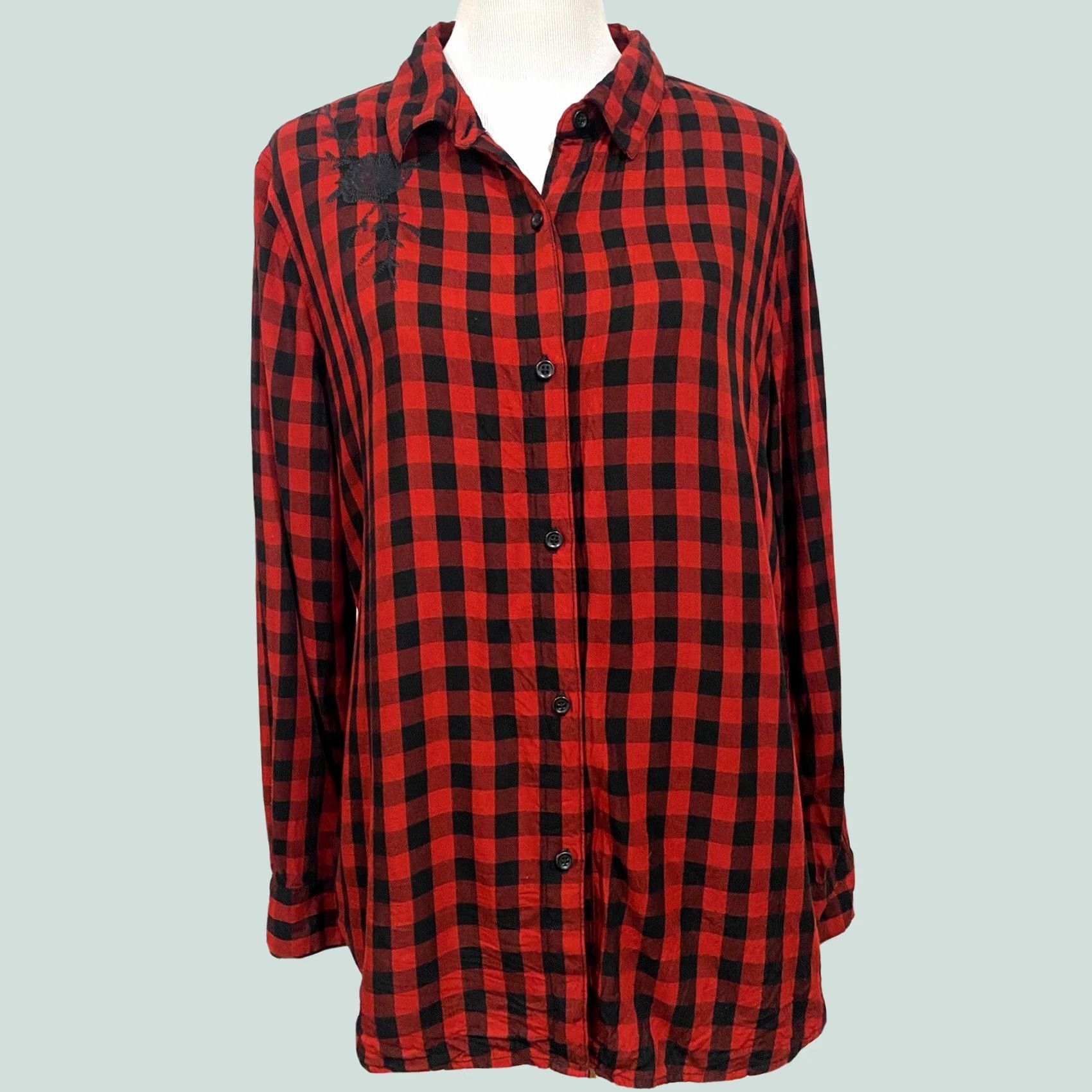 Vintage VINTAGE Beach Lunch Lounge Womens Buffalo Check Tunic Top Red Black Embroidered Sz Large Size L / US 10 / IT 46 - 1 Thumbnail