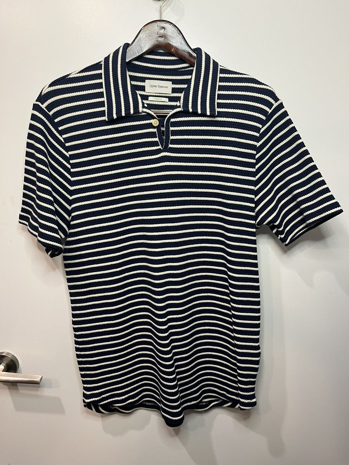 Oliver Spencer Oliver Spencer Navy Striped Textured Knit Polo Size US L / EU 52-54 / 3 - 1 Thumbnail