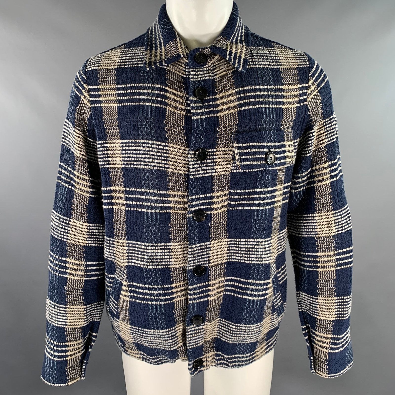 ETRO Size 38 Navy Beige Woven Cotton Linen Shirt Jacket