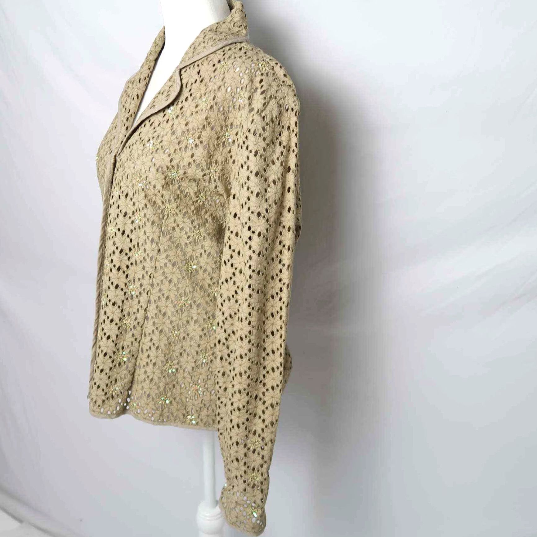Vintage VINTAGE Yak Magik 90s tan crochet eyelet cutout sequin blazer jacket M Cotton Party Size M / US 6-8 / IT 42-44 - 3 Thumbnail