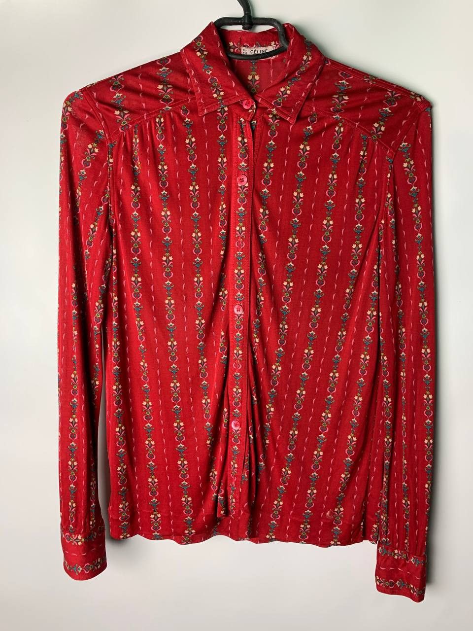 image of 1970S Celine Red Chain Printed Shirt 100Silk, Women's (Size Small)