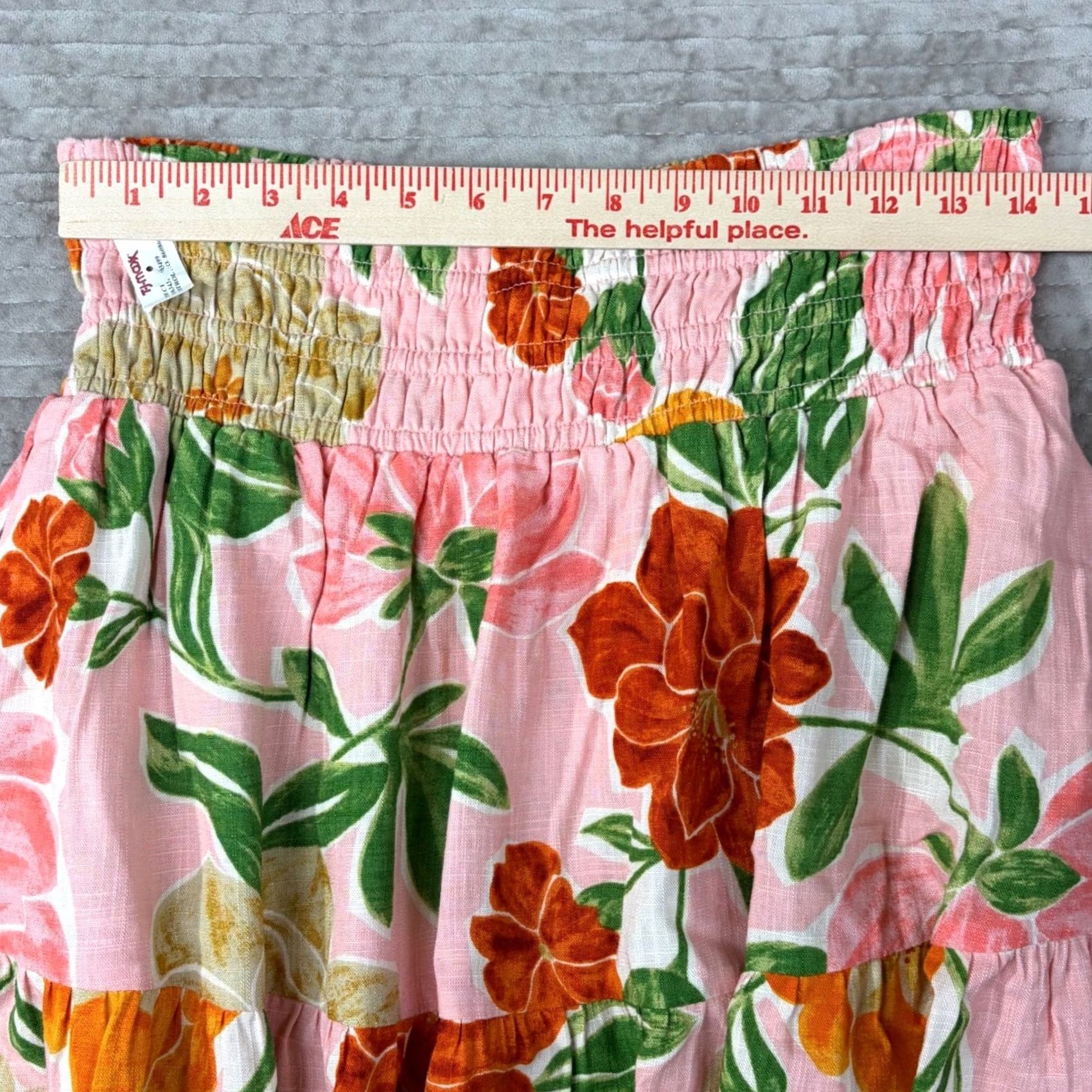 Vintage Paper Heart Floral Maxi Skirt XL Pink Linen Blend Smocked Tiered Boho Tropical Linen Rayon Smocked Elastic Waist Pockets Pink Floral Size 40" / US 18 - 5 Thumbnail