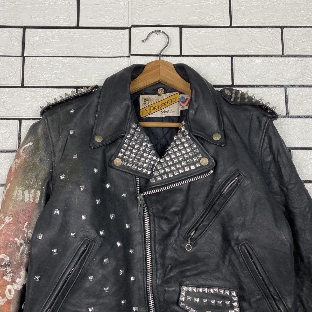 Schott 🔥VINTAGE LEATHER JACKET SCHOTT PERFECTO DOUBLE COLLAR PUNK Size US M / EU 48-50 / 2 - 4 Thumbnail