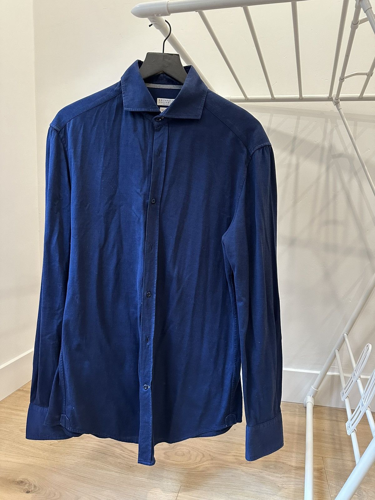 image of Brunello Cucinelli Stretch Cotton Blue Dress Shirt, Men's (Size Large)