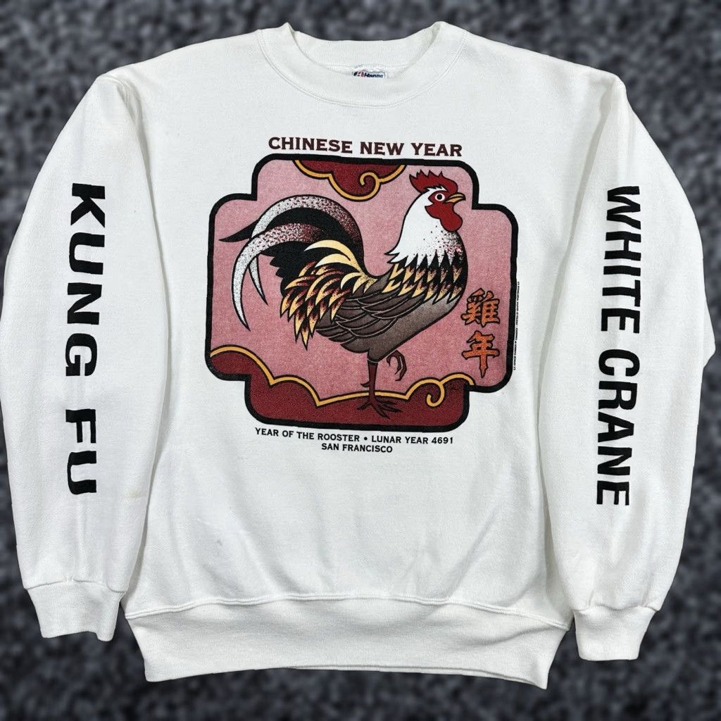 Vtg Hanes Sweatshirt Pullover Crew Neck Long Sleeve Cotton Blend Fleece White 90s Animals Logo Unisex Adults L