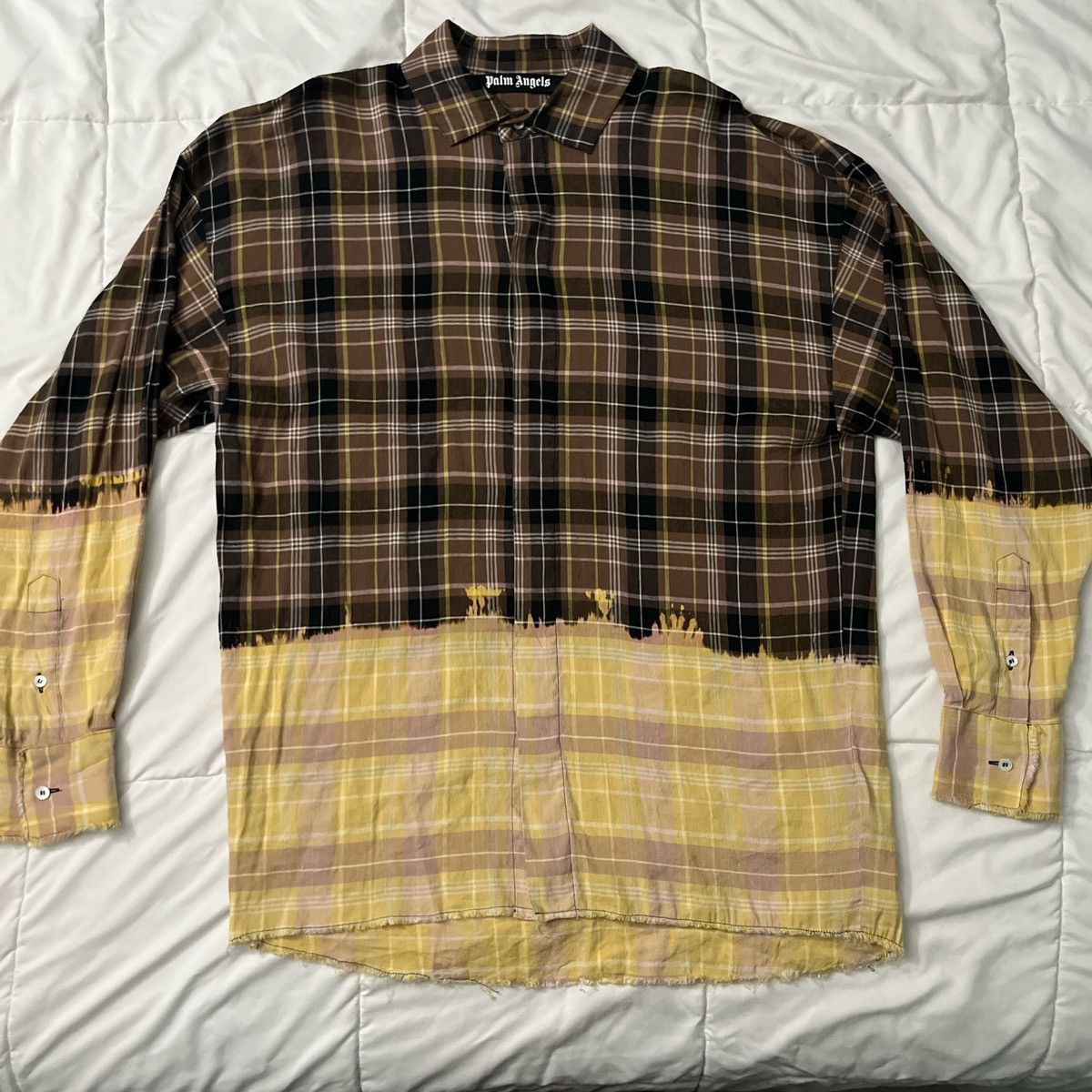 image of Palm Angels Dip Bleached Brown Tan Striped Flannel, Men's (Size Medium)