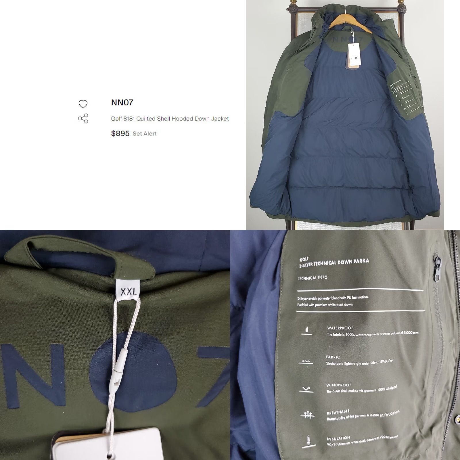 NN07 NN07 Golf 8181 Jacket Mens 2XL Green Down 700 Fill Waterproof Windproof Hooded Coat Puffer Size US XXL / EU 58 / 5 - 9 Thumbnail