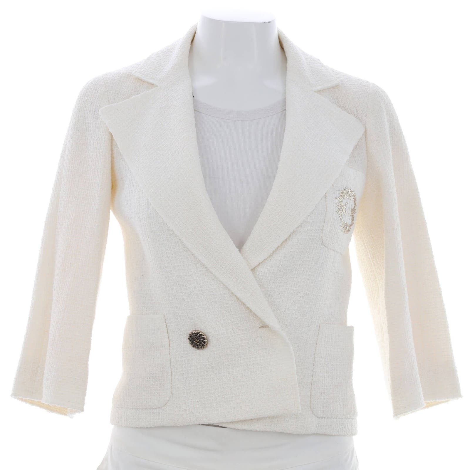 image of Chanel Women's Cc Crest Pocket Double Breasted Cropped Sleeve in Neutral (Size XS)