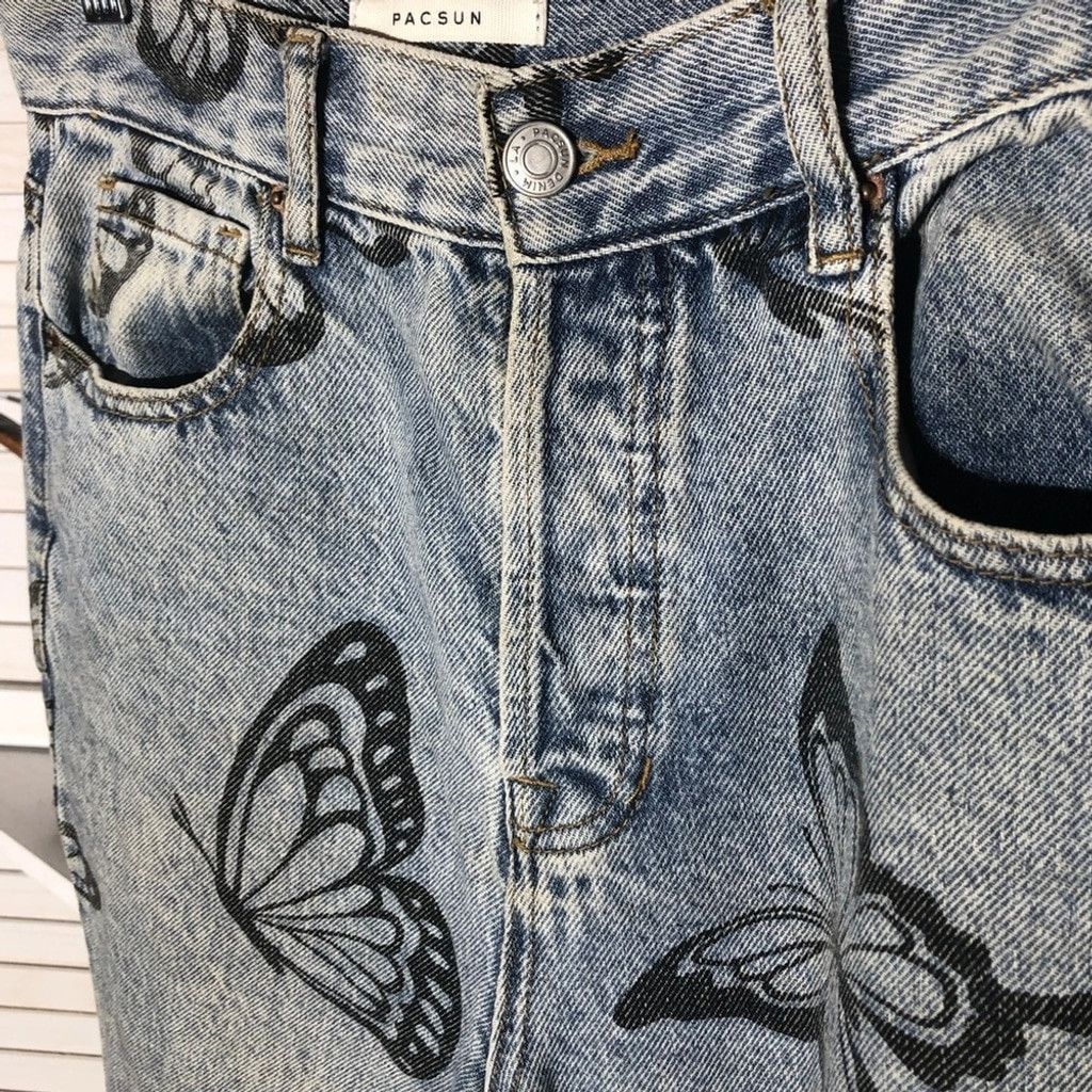 Pacsun Butterfly Jeans High Waisted Straight Leg Raw Hem Blue 26 Size 26" / US 2 / IT 38 - 6 Thumbnail