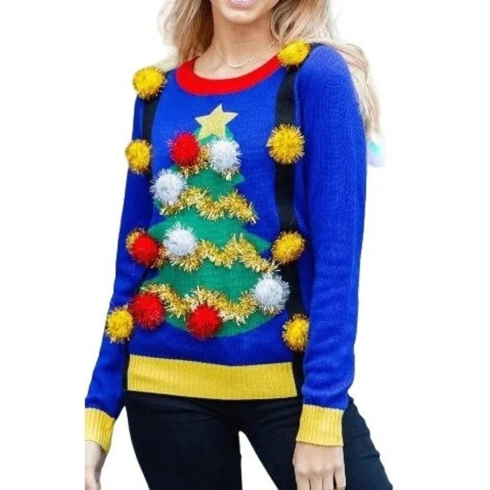 Tipsy Elves Tipsy Elves Ugly Christmas Tree Pom Sweater with Suspenders Size XL / US 12-14 / IT 48-50 - 1 Thumbnail