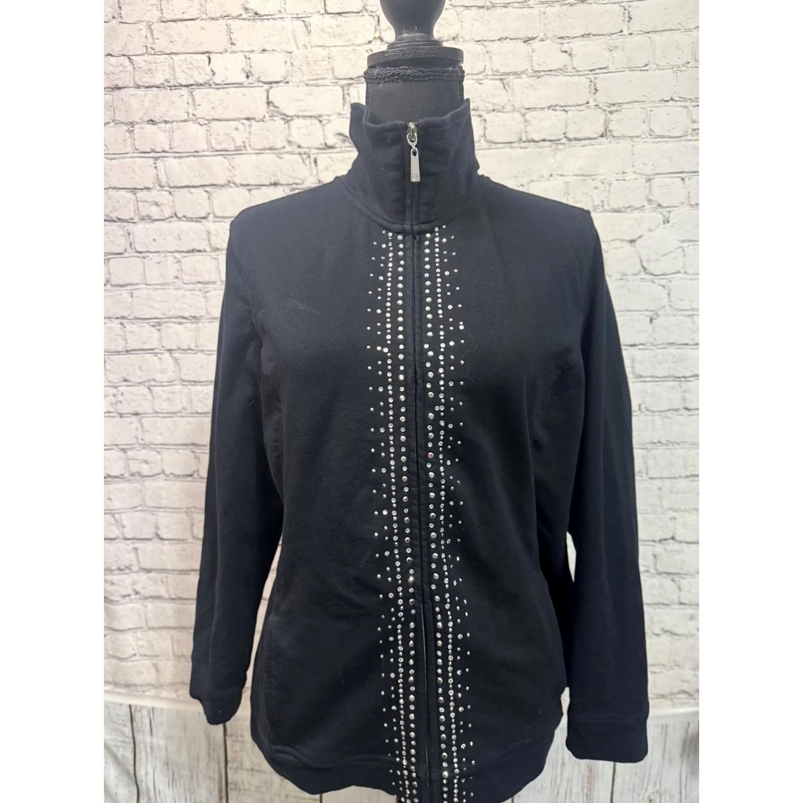 JM Collection JM Collection Black Zip-Up Jacket Petite Regular M Women's Long Sleeve Studded Detail Size M / US 6-8 / IT 42-44 - 6 Thumbnail