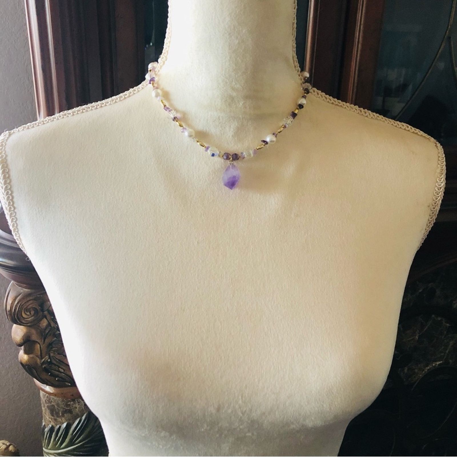 Handmade Handcrafted repurpose genuine amethyst slab pearl necklace Size ONE SIZE - 5 Thumbnail