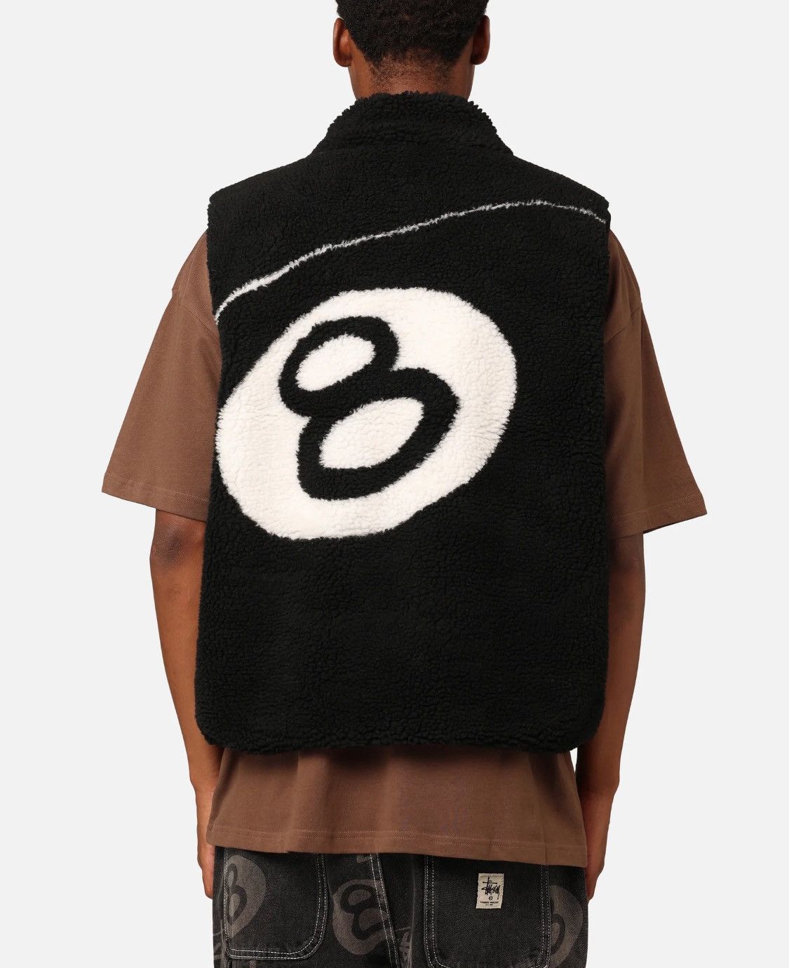 image of Stussy 8 Ball Sherpa Reversible Vest in Black, Men's (Size XL)