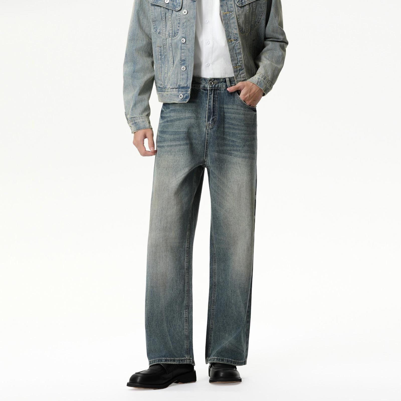 Faded Blue Relaxed Fit Denim Jeans Straight Leg Jeans