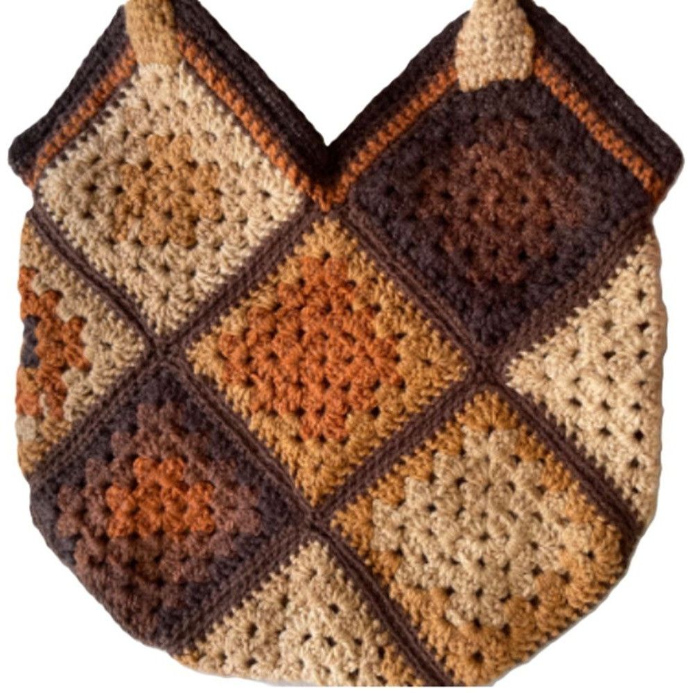 Handmade Crochet Purse Handbag Granny Square Browm Beige Lined w/ Poc Size ONE SIZE - 3 Thumbnail