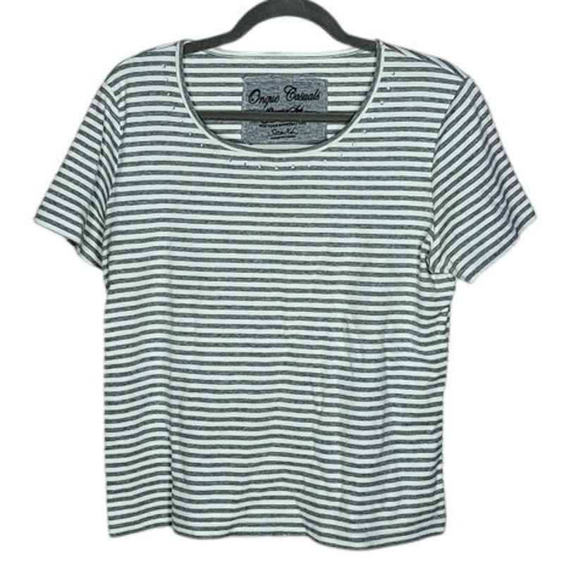 Other Onque Casuals Grey White Stripe Rhinestone Neck Shirt XL Size XL / US 12-14 / IT 48-50 - 1 Thumbnail